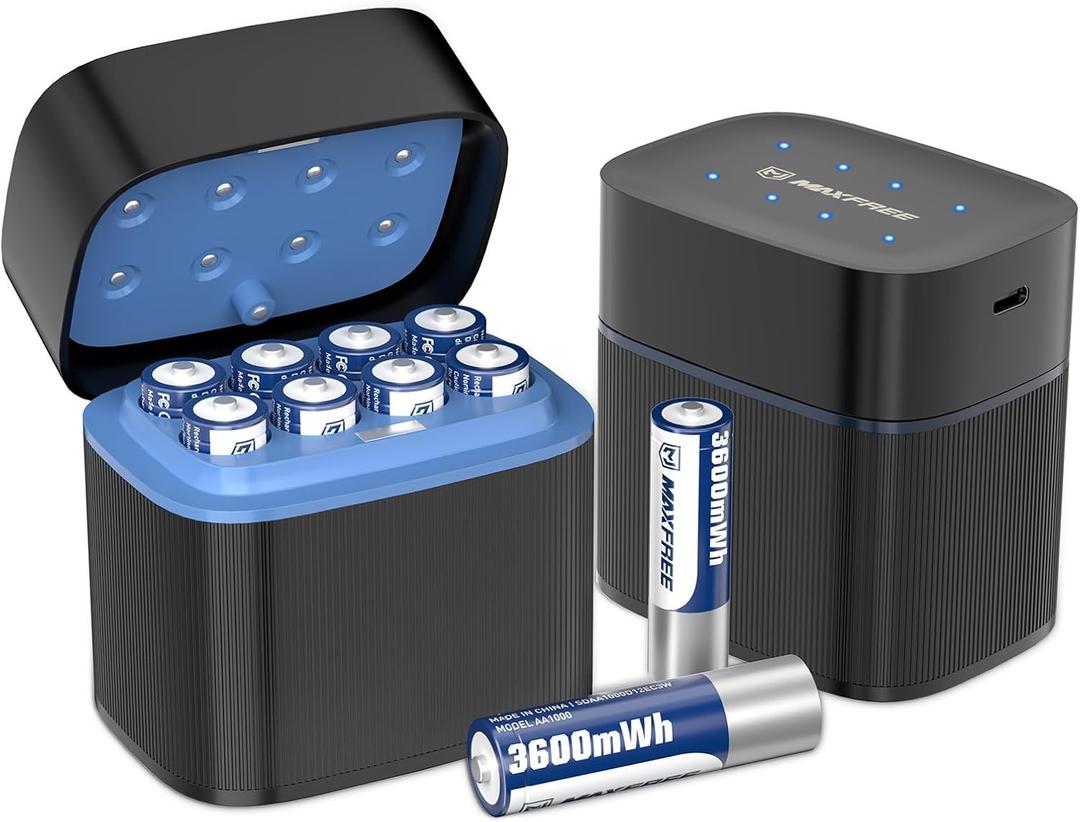 Maxfree Rechargeable AA Batteries Lithium with Charger, 8-Pack 1.5V 3600mWh Long Lasting Double A Batteries with LED Display, Cycle Times Up to 2500  Fast Charging for Blink Outdoor Cameras & Toys