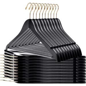 Quality Black Wooden Hangers - Slightly Curved Hanger Set of 30-Pack - Solid Wood Coat Hangers with Stylish Chrome Hooks - Heavy-Duty Clothes, Jacket, Shirt, Pants, Suit Hangers (Black-Gold Hook, 30)