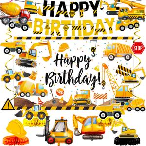 3 x Construction Birthday Party Supplies  Banner, Backdrop, Hanging Swirls, Honeycomb Centerpieces, Foil Balloons for Boys 2nd 3rd Birthday Construction Party Decorations