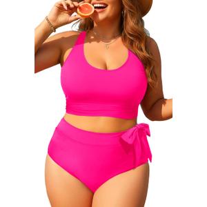 Tempt Me Plus Size Two Piece Swimsuits - Women High Waisted Bikini Scoop Neck Bathing Suit Swimwear Hot Pink 18 Plus