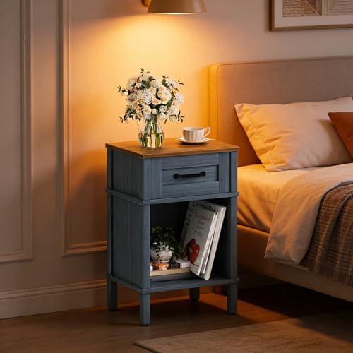 YAUKTAK Small Farmhouse Nightstand, Wood Night Stand Set, End Table with Drawer, Small Rustic Wooden Bedside Table, Bed Side Table for Bedroom, Blue end Table with Storage for Bedroom LET512LR