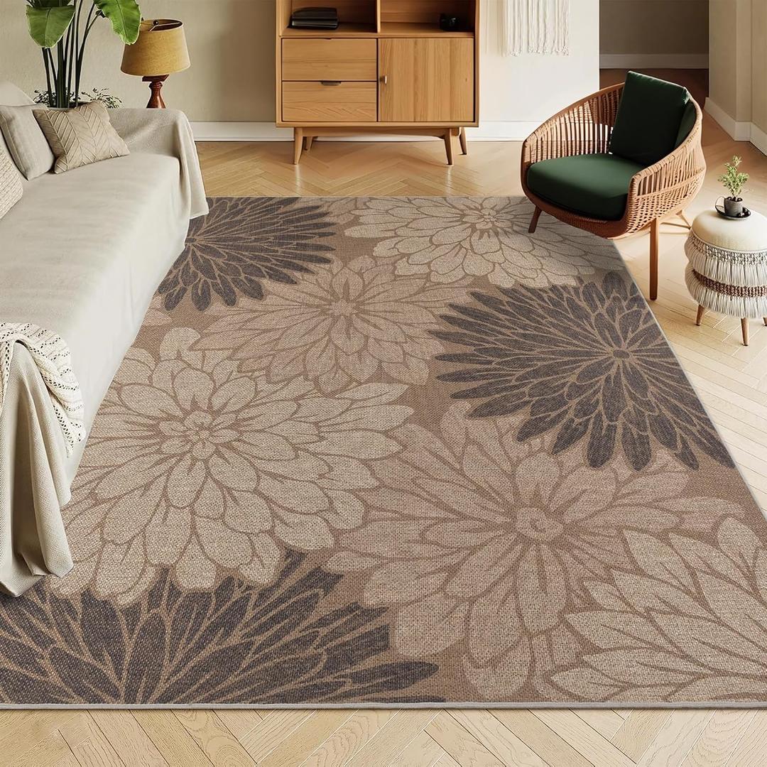 Floral Easy Jute Rug 5x7 Outdoor Patio Rug Washable Area Rugs for Living Room Bedroom Non Slip Neutral Farmhouse Indoor Outdoor Carpet for Backyard Patio Office