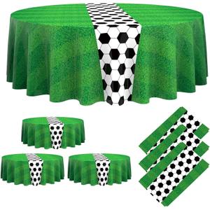 Oudain 6 Pcs Soccer Party Tablecloth 84 Inches Soccer Round Table Cloth Disposable Plastic Table Covers for Decors Birthday Party Supplies Favors, 84 inches in diameter
