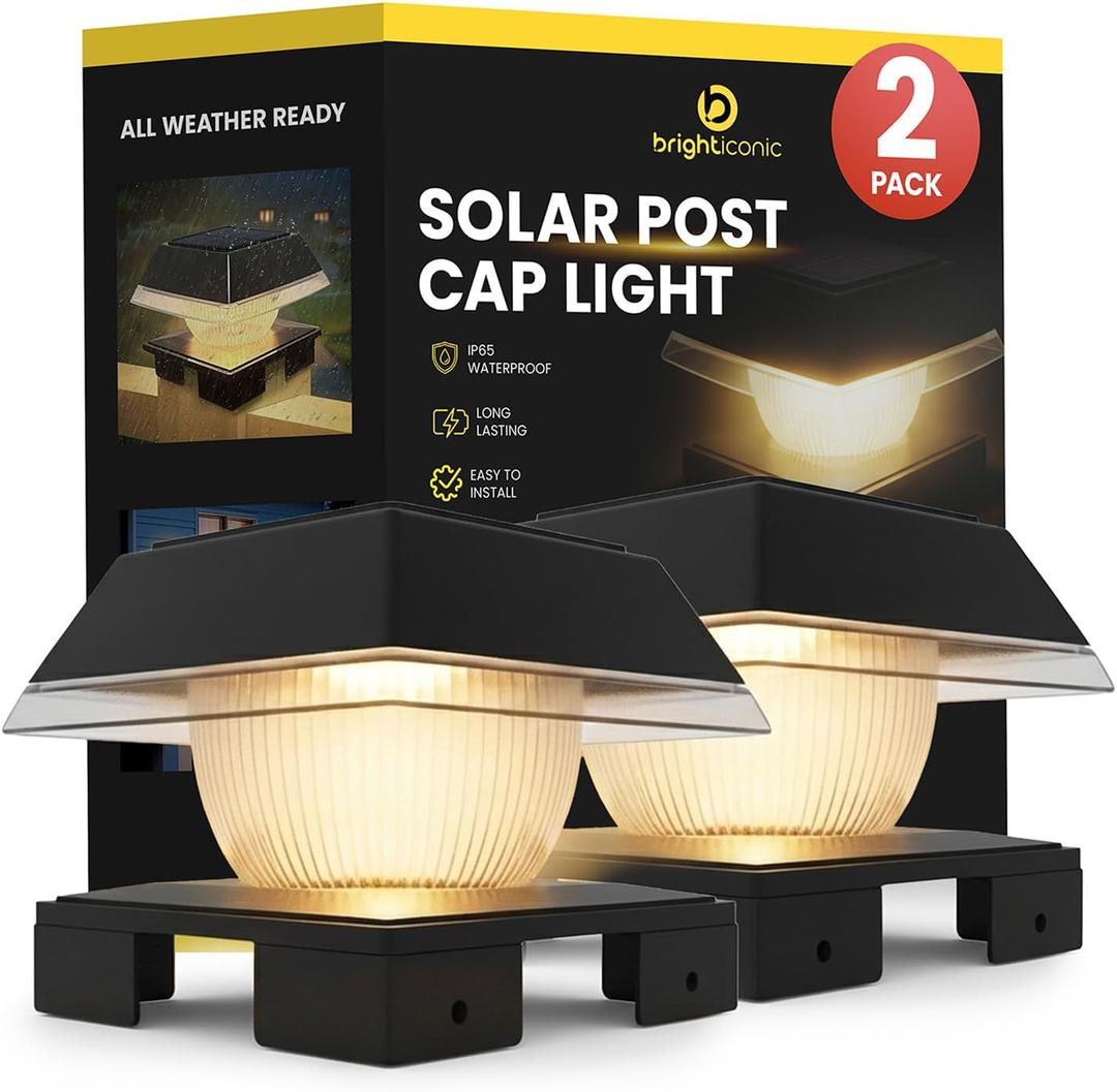 BRIGHTICONIC Solar Post Lights Outdoor, 2 Pack - Dual Color, Warm & Cool White Adjustable - Auto Dusk to Dawn LED Post Lights - Durable, Waterproof IP65 Solar Fence Caps fits 4x4 5x5 6x6 - Black