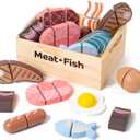 10 PCS Meat & Fish Wooden Play Food Set for Kids Kitchen, Wooden Toy Pretend Play Food Cutting Set, Realistic Protein Play Food Set, Christmas Birthday Present for Toddlers & Kids Ages 3+