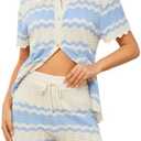 Moreone 2 Piece Lounge Set Women Short Sleeve Striped Crochet Knit Sets Two Piece Button Up Pajamas with Drawstring Shorts L