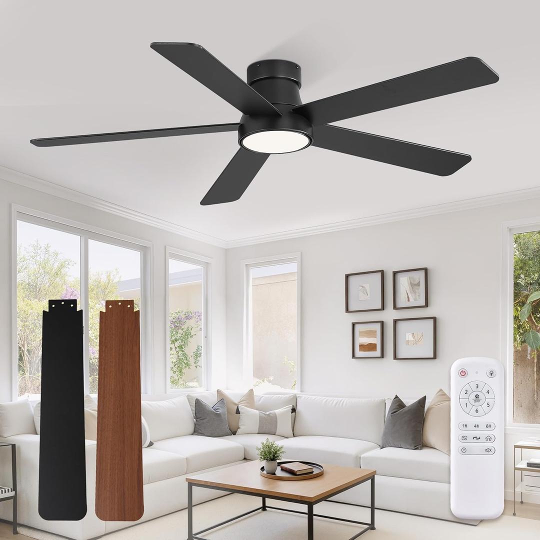 Fanbulous 52 Inch Ceiling Fans with Lights and Remote,Outdoor Indoor Modern Flush Mount Ceiling Fan with 3CCT 6-Speed Quiet DC Motor,Black Small Low Profile Ceiling Fan for Bedroom Living Room Office