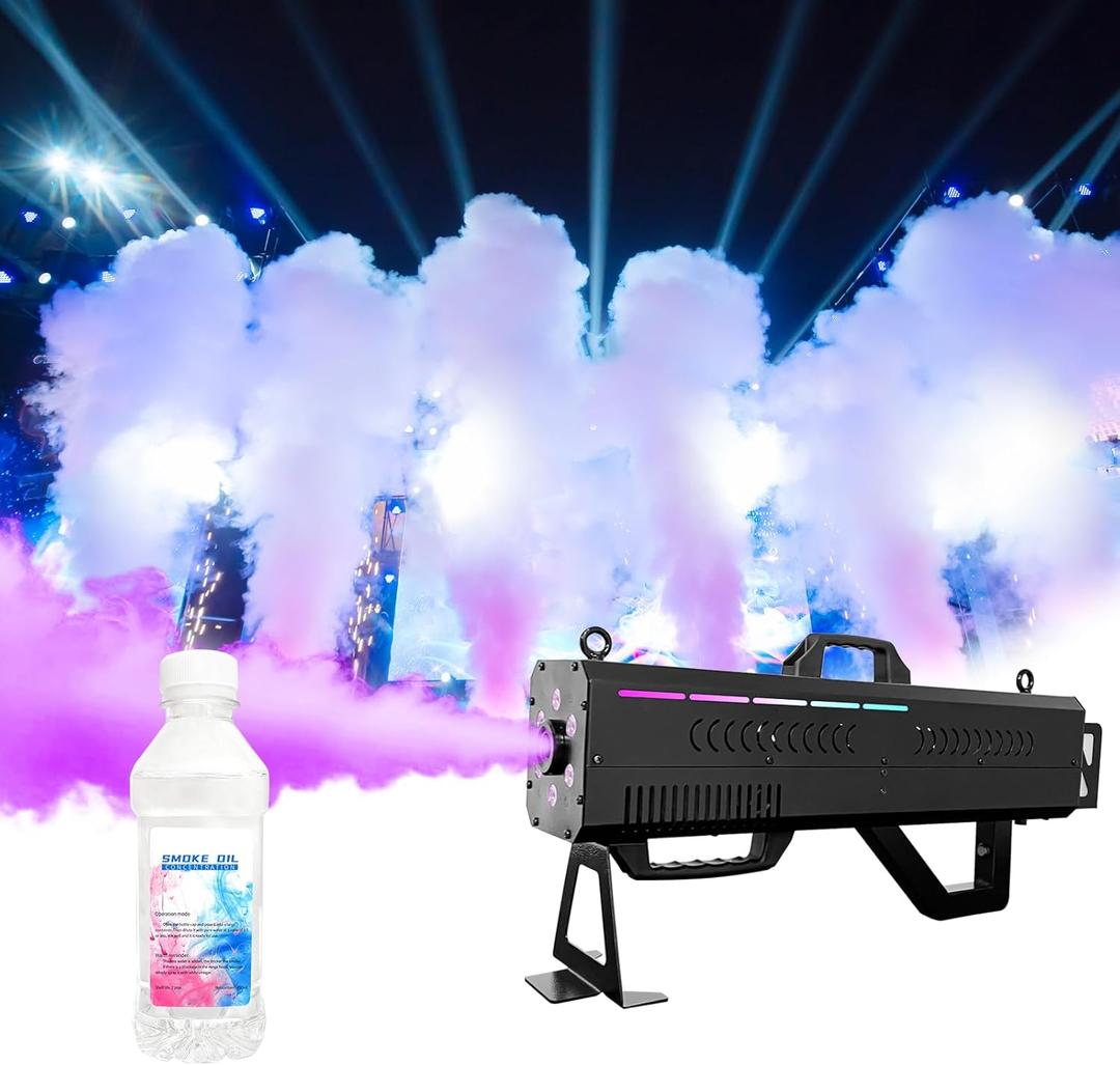 1500W Smoke Gun for Party, Handheld Fog Machine Cannon with LED Lights, Perfect for Spooky Halloween, Stage Shows and Club Night with a Bottle of Fog Machine Liquid