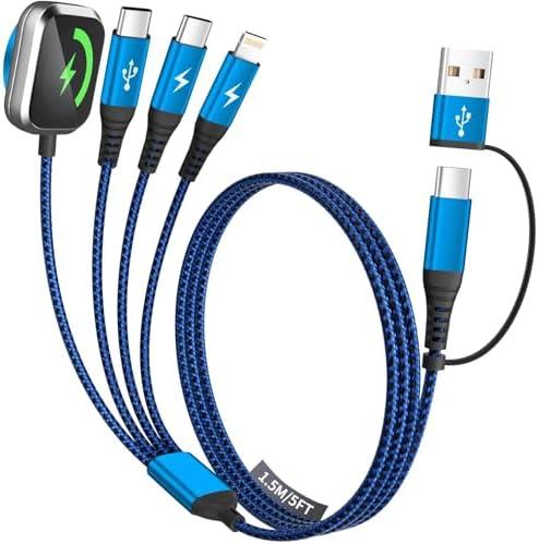 Multi Charging Cable for iPhone Watch Charger, 4 in 2 USB A/C Phone Charger Cord with Dual Type-C/IP, iWatch Cable Nylon Travel Essentials Compatible with iWatch/Phone 17-11/Pod/Android, 5FT