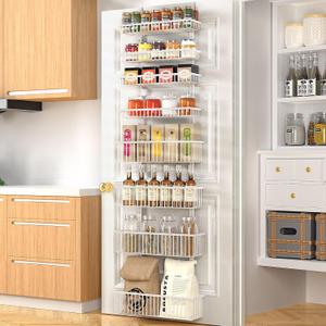 Moforoco White Over The Door Pantry Organizer, Pantry Organization and Storage, Metal Hanging Spice Rack Shelves Door, Seasoning Shelves, Laundry Room Organization, House and Kitchen Essentials (8-Tier)