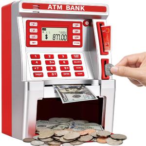 BAODLON Red Piggy Bank for Kids, ATM Machine Bank for Real Money with Debit Card, Bill Feeder, Coin Recognition, Balance Calculator, Electronic Savings Safe Box, Cool Stuff Toys Gifts for Teen Girl