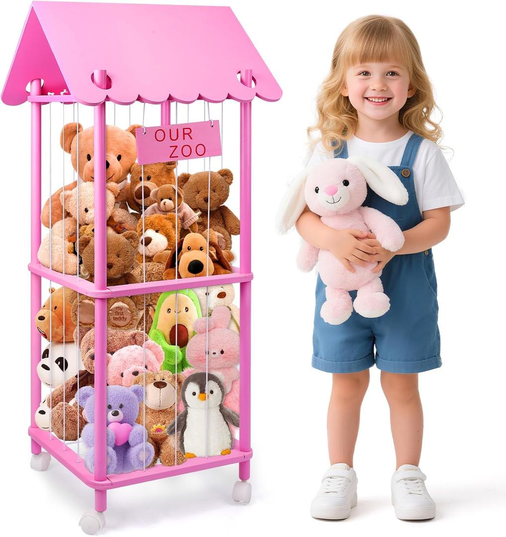 Stuffed Animal Storage Zoo with Wheels, Large Wooden Stuff Animals Plushies Holder Space Save Toy Organizer, Kids Toddlers Plush Storage Cage for Nursery Playroom Kidroom Bedroom