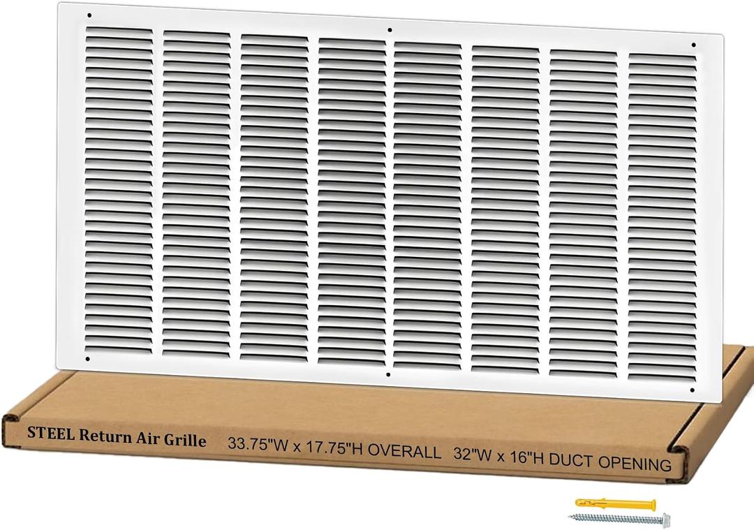32"W x 16"H Return Air Grille [Duct Opening Size], Steel HVAC Return Air Vent Cover for Wall & Ceiling, White Powder-Coated Rust-Resistant AC Cold Air Return, Outer Dimensions 33.75"W x 17.75"H