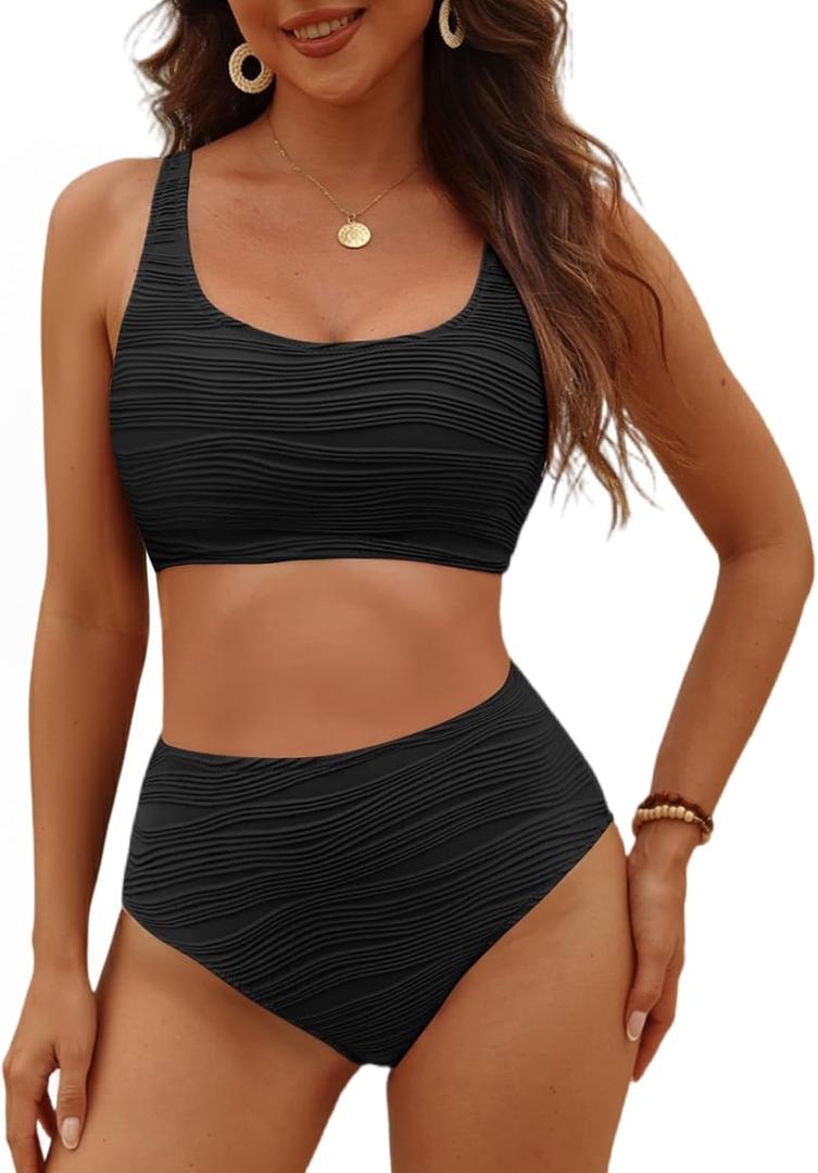 VIMPUNEC High Waisted Bikini Sets for Women Two Piece Tummy Control Swimsuits Sporty High Cut Bathing Suit (S)