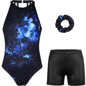 Gymnastics Leotards for Girls With Shorts Sparkly Ballet Dance Clasp Back Activewear (10-11 Years, Black Planisphere Set)