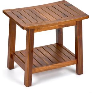 Upolana Outdoor Shower Bench, 20" Solid Acacia Wood Shower Stool Waterproof Shower Seat with Storage Shelf for Bathroom - SB001