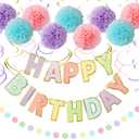 Macaron Birthday Decorations - 20-Pc Set with Pre-Strung Happy Birthday Banner, Tissue Paper, Garland, Swirls | Pastel Party Supplies for Women Girls Baby Shower, Adults Birthday Party Decor (Macron)