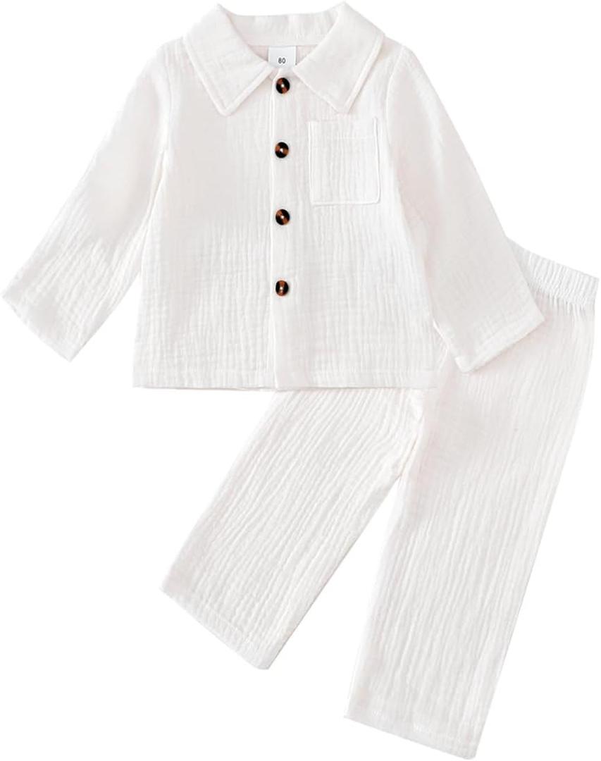 XFGLCK Toddler Boy Girl Fall Clothes Cotton Linen Long Sleeve Shirt Pants Set Unisex Casual Outfit (12-18 Months, White)