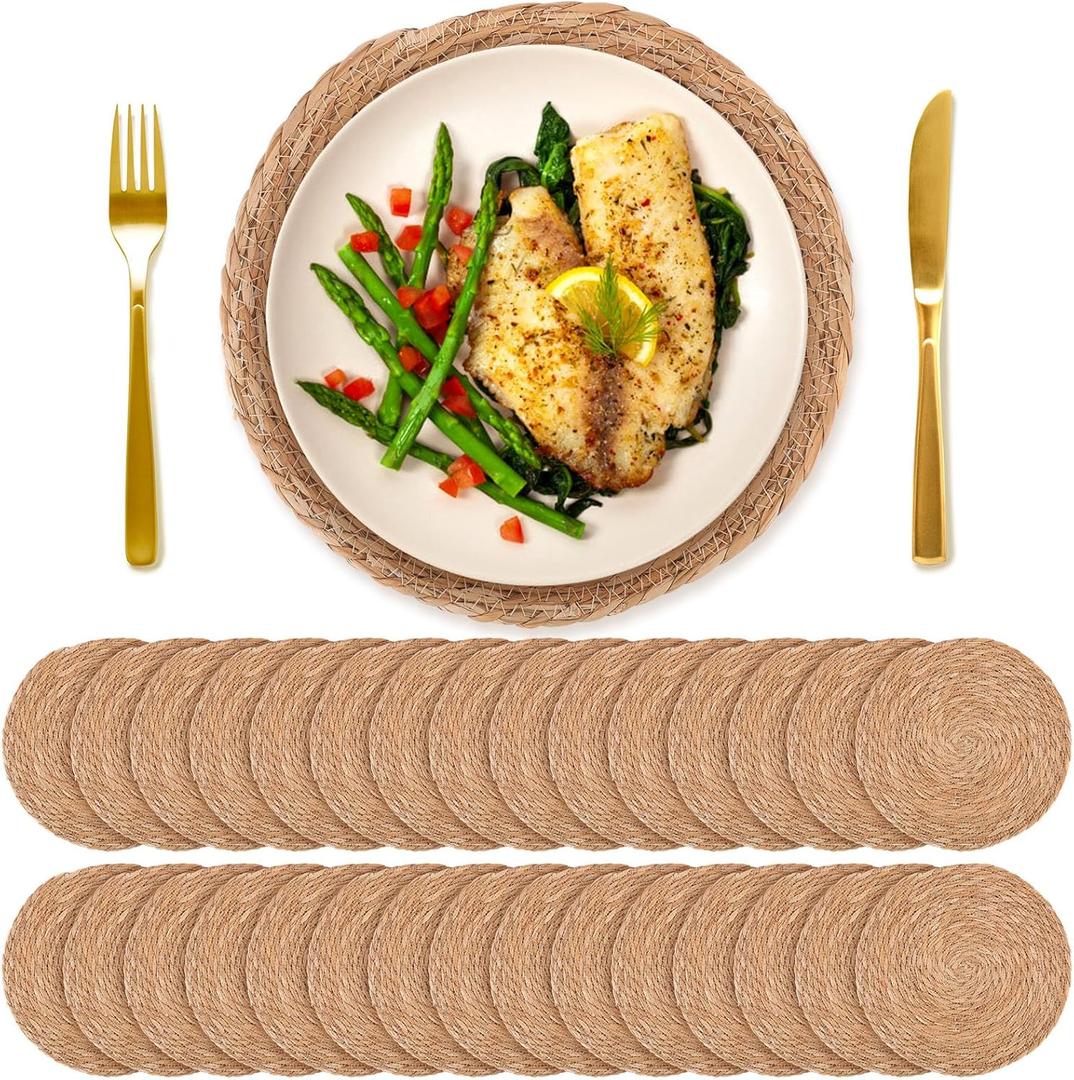 30 PCS Round Bulrush Woven Placemats 13.8 Inch Boho Rattan Chargers for Dinner Plates Natural Hand Weave Table Mats Rustic Wicker Braided for Farmhouse Home Wedding Party Outdoor Christmas Decor