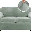 H.VERSAILTEX Real Velvet Plush 3 Piece Stretch Sofa Covers Couch Covers for 2 Cushion Couch Loveseat Covers Width Up to 72 Inch Thick Stay in Place (Medium Sofa, Sea Grass)