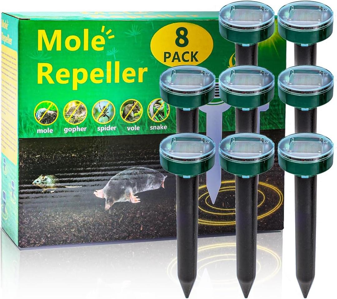 8PK new Mole Repellent for lawns Gopher Repellent Ultrasonic Solar Powered Snake Repellent Deterrent Mole Repeller Vole Repellent Outdoor Lawns Garden Yard All Pests Sonic Spikes Stakes Chaser upgrade