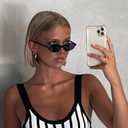 Retro Oval Cat Eye Sunglasses for Women Small Y2K Thin Frame 100% UV Protection Lightweight Vintage 90s Slim Black Sun Glasses 2 Pack