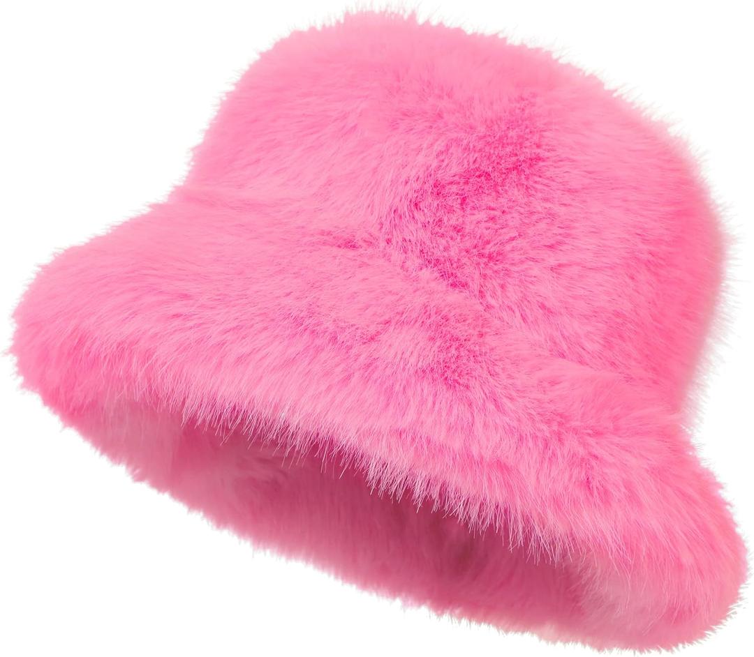 LA CARRIE Women's Fuzzy Wide Brim Faux Fur Bucket Hat Winter Warmer Fisherman Cap (Light Pink)