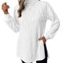 Verdusa Women's Textured High Neck Long Sleeve T Shirts Split Side Long Tee Tops Fall Outfits White Large (White, L)