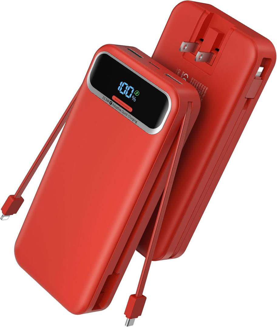 Portable Charger Power Bank with Built in Cables and AC Wall Plug,PD20W&SCP22.5W USB-C Super Fast Charging,20000mAh Travel Phone Charging,LED Display Battery Pack Compatible All iPhone Samsung etc (Red)