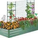 ONCEMORE Galvanized Raised Garden Bed for Vegetables Flowers Herbs, Metal Raised Garden Bed Kit with 2 PCS Tomato Cage, Gloves, Trellis Netting, Plant Labels, Plant Ties, Green 6×3×1FT