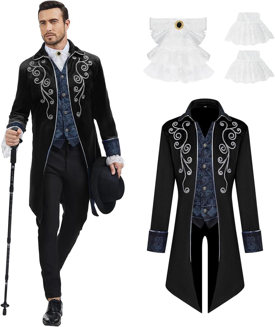Men Medieval Steampunk Tailcoat Jacket Gothic Victorian Frock Coat Uniform Halloween Party Cosplay Gentleman Costumes (XX-Large, Black)