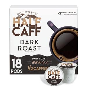 World's Best Half Caff Dark Roast Coffee Pods, 18 ct, Single Serve Pods  100% Arabica Coffee, Compatible with Keurig K Cups Maker