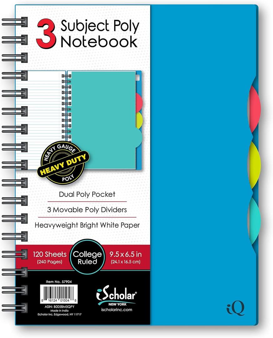 iScholar iQ 3 Subject Poly Cover Double Wire Notebook, College Rule, 9.5 x 6.5 Inches, 120 Sheets, Color May Vary (57904)