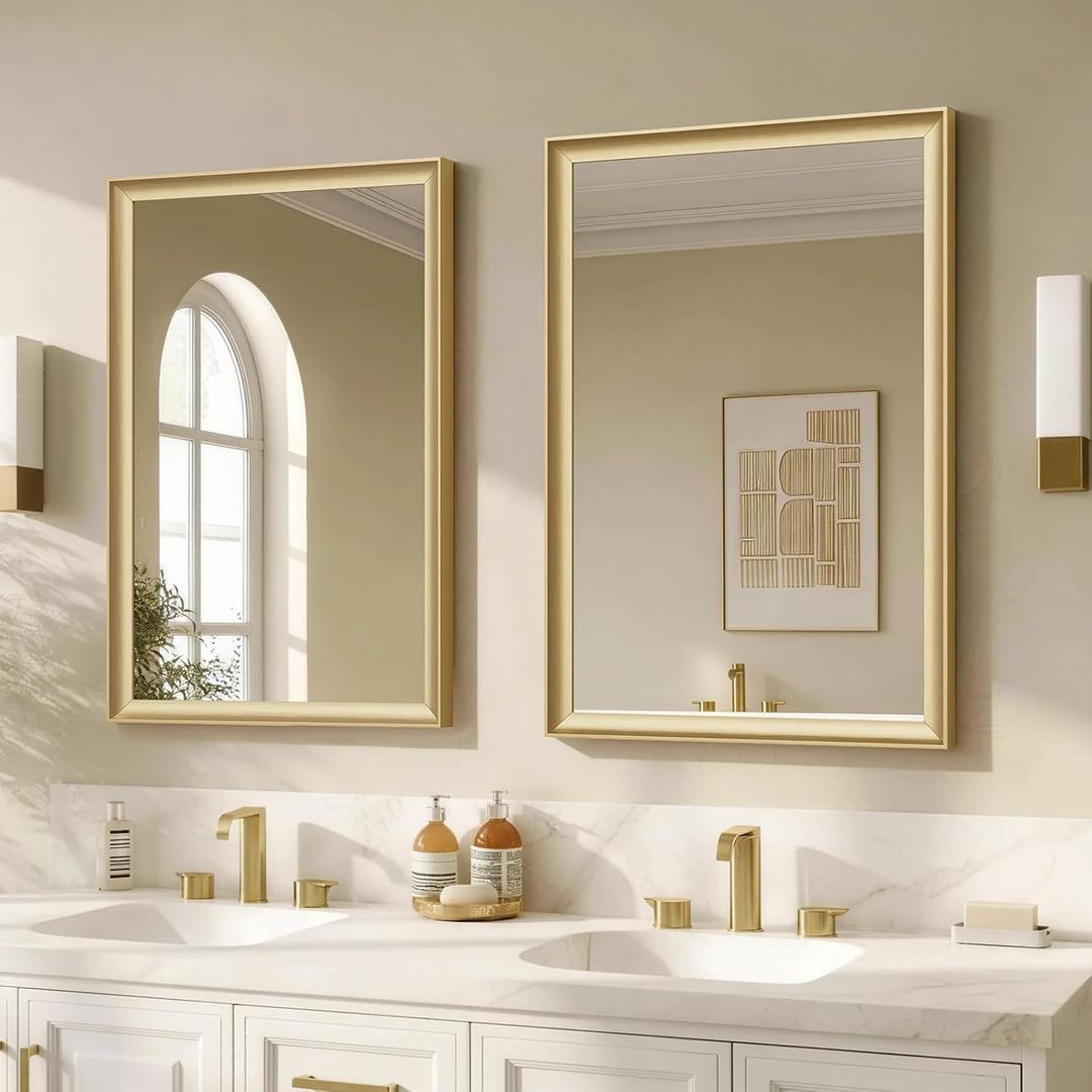 2 Pack 24x36 Inch Brushed Gold Bathroom Mirrors for Over Sink | Aluminum Framed Rectangle Bathroom Vanity Mirror for Wall, Anti-Rust, HD Tempered Glass, Modern, Horizontal/Vertical