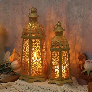2 Pack Moroccan Lantern Lamp Decorative Candle Holders for Ramadan Decorations, Hanging, Outdoor Patio or Porch, Indoor Home DecorGold