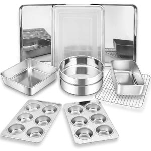 Bakeware Sets of 11, P&P CHEF Stainless Steel Baking Pans Set, Includes Baking Sheets and Rack, Lasagna Pan with Lid, Round/Square Cake Pan, Muffin Pans, Loaf Pan, Reusable & Durable