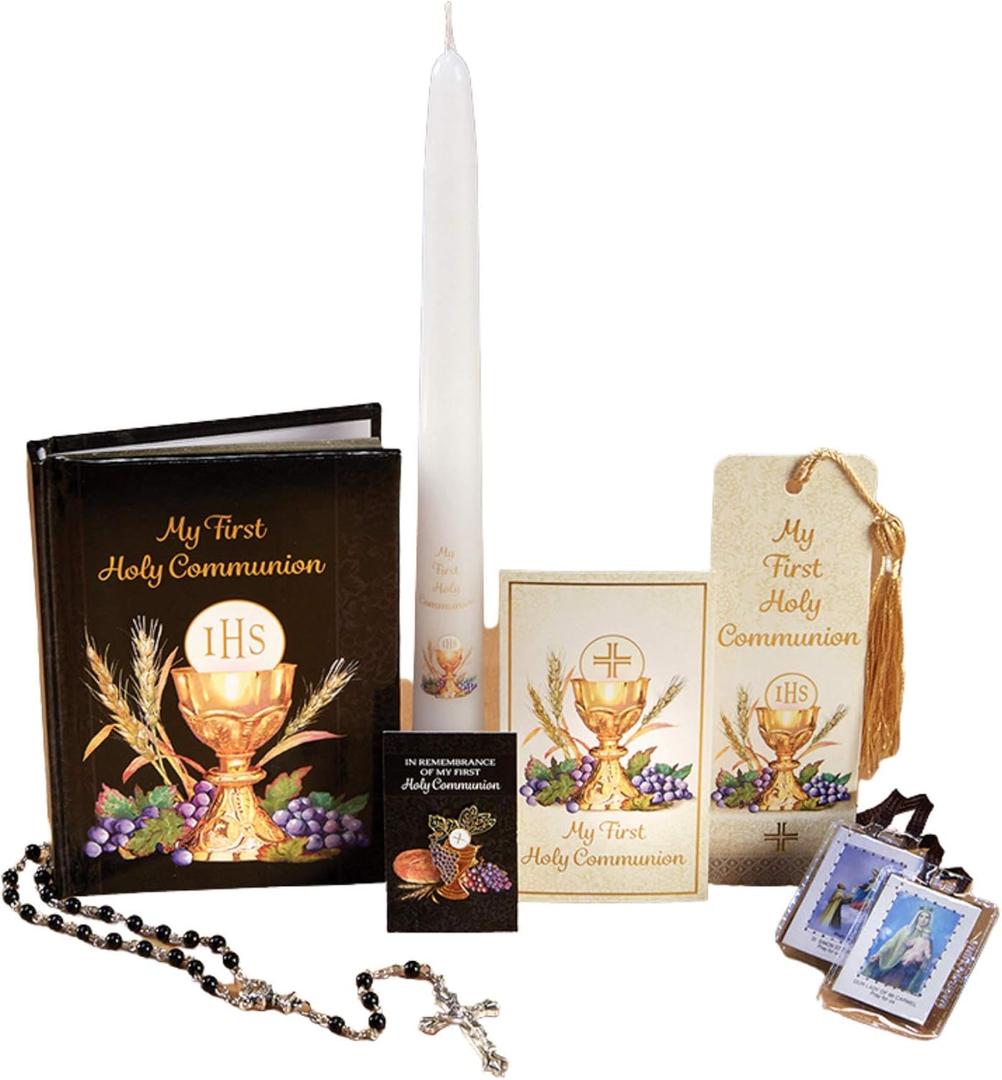 Bread of Life Deluxe Boxed Gift Set for Boys, Scapular, Rosary, Lapel Pin, Bookmark, Candle and Book, 7 Pieces (Black)