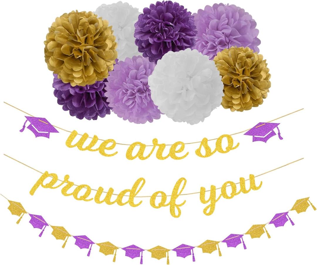 Purple White-Gold Party-Decoration Graduation Banner - 8pcs Kits Cap Garland Streamers, Paper Tissue Pom Poms Flowers,We are So Proud of You Congratulations Grad 2024 Decor Lasting Surprise