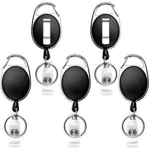 Teskyer Badge Reel, 5 Pack Retractable Badge Holders with Carabiner Belt Clip and Key Ring for ID Card Holder and Keychain (Black)