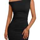 Trendy Queen Womens Mini Summer Fall Dresses 2025 Graduation Going Out Off The Shoulder Bodycon Short Sexy Casual Party Club Cute Cocktail Spring Sundress Beach Fashion Vacation Outfits Black S