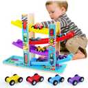 Montessori Toys for Toddlers, Children Race Track Toy with 4 Cars and 1 Wooden Parking Lot, Stable Base, Car Ramp Toy for 1 2 3 Year Old Boy Girl Gifts, 14.2" x 3.5" x 10.2", 1.2" x 1.6"