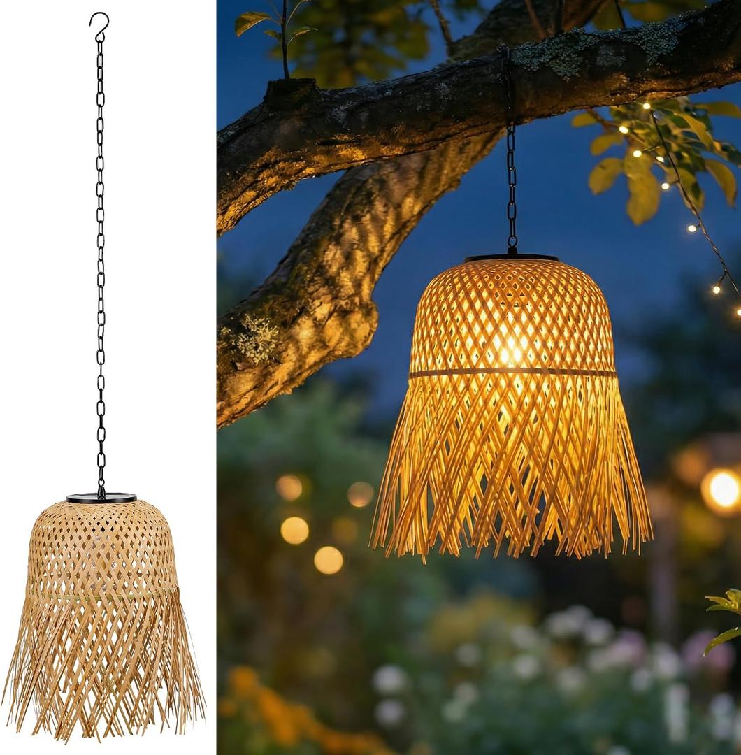 shumi Solar Lanterns Outdoor Waterproof, Bamboo Solar Chandelier for Outside, Hanging Lanterns Decorative Outdoor with Metal Hook and Chain Decoration for Garden,Yard,Porch,Gazebo