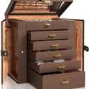 AKOZLIN Extra Large 6-Tier Jewelry Box Organizer with Mirror, 5 Drawers Leather Jewelry Storage Case for Women Girls Ring Necklace Earring Bracelet Brown