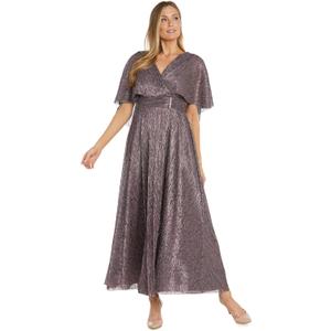 R&M Richards Long Metallic Pleated Capelet Dress W/Mock Surplus Ruched Waist & Rhinestone Details (Purple) 18Plus