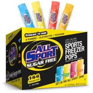 All Sport Sugar-Free - Freezer Pops, Giant Sized 3oz, 144 CT Refreshing Ice Pops with Electrolytes, B Vitamins & Potassium Blue Raz Ice, Lemon Lime, Fruit Punch & Orange