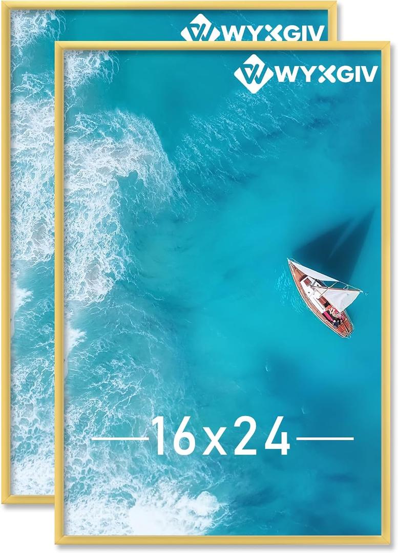 16x24 Picture Frame Set of 2, Scratch-Proof Gold Frame Lightweight yet Sturdy Display Poster Artwork 16 x 24 Horizontally/Vertically - Slide-In Strips|2 Packs|Gold|16"x24"