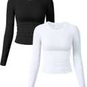 OQQ Womens 2 Piece Shirts Long Sleeve Crew Neck Ruched Stretch Basic Fitted Tee Shirts Tops (Medium, Black, White)