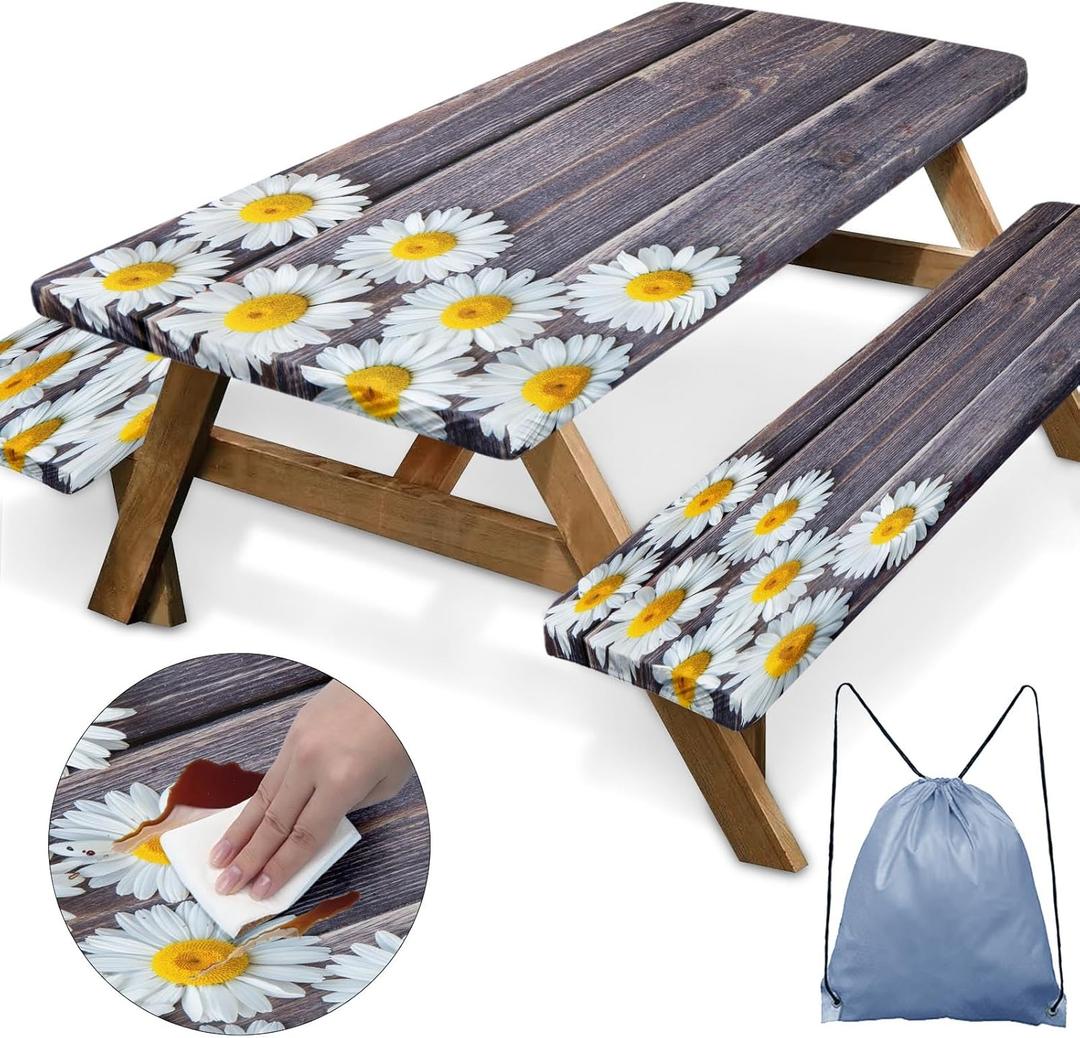 Picnic Table Cover with Bench Covers Elastic Edges, Chamomile Flower Fitted Table Cover, Outdoor Patio Camping Essentials 60 Inch 3PCS, Waterproof Camping Fitted Tablecloth with Drawstring Bag