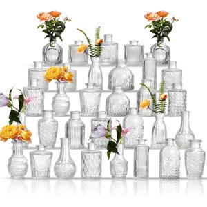 Glass Bud Vases Set of 32 - Assorted Small Mini Glass Vases for Flowers, Crystal Vintage Vase Set, Bulk Centerpieces for Table Dcor, Wedding, Home and Events (Clear, 32 Pcs)