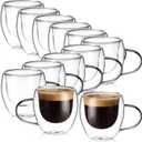12 Pack Espresso Cups Double Wall 5oz Hand Blown Glass Coffee Mugs Clear Insulated Glass Coffee Shots Cups with Handle for Espresso Machine, Cappuccino, Latte, Tea